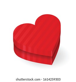 Vector St Valentines Day heart shape striped satin silk gift box realistic 3d mock up white and red on simple background