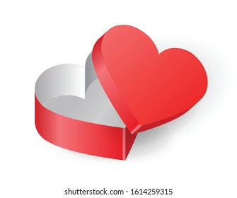 Vector St Valentines Day heart shape striped satin silk gift box realistic 3d mock up white and red on simple background