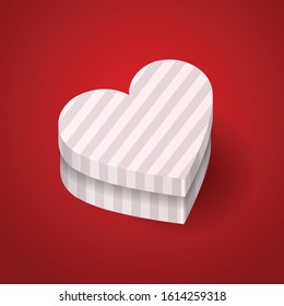 Vector St Valentines Day heart shape striped satin silk gift box realistic 3d mock up white and red on simple background