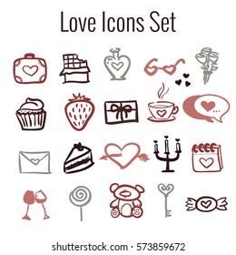 Vector St Valentine's Day icon set. Colored hand drawn icons collection on love theme.