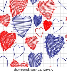 Vector st. Valentines day pattern. School doodle seamless graphic hearts pattern. Perfect for greetings, invitations, manufacture wrapping paper, textile and web design. Hand drawn Vector pattern. 