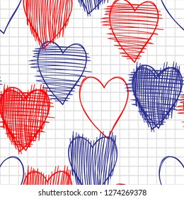 Vector st. Valentines day pattern. School doodle seamless graphic hearts pattern. Perfect for greetings, invitations, manufacture wrapping paper, textile and web design. Hand drawn Vector pattern. 