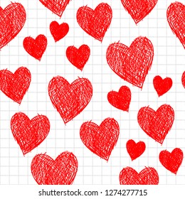 Vector st. Valentines day pattern. School doodle seamless graphic hearts pattern. Perfect for greetings, invitations, manufacture wrapping paper, textile and web design. Hand drawn Vector pattern. 