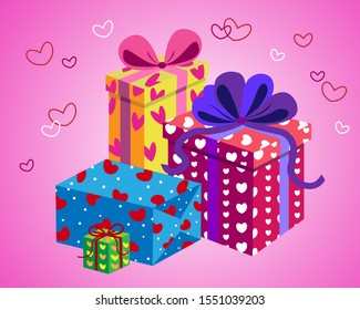 Vector St. Valentine's presents in bright wrapping. Happy St. Valentine's Day. Pile of gifts.