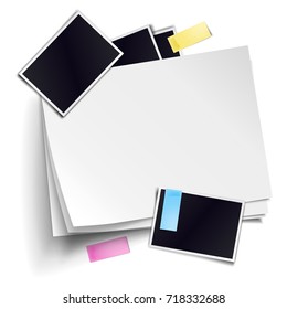 Vector stack of blank paper sheets with soft shadows isolated on white background. Empty white sheet of A4 format, photo frames, color sticky notes. Realistic empty paper objects