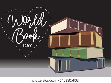 vector stack of books love heart shape dash line sign celebrating world book day