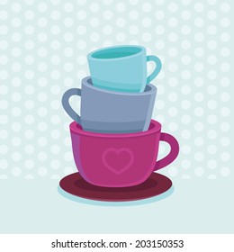 Vector stack of coffee mugs and cups - tea and coffee poster template - bright illustration in flat style