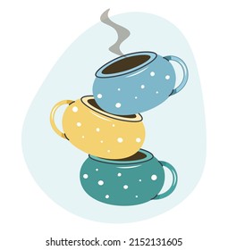 Vector stack of coffee mugs and cups - tea and coffee poster template - bright illustration in flat style. Pile of mugs with different color. Porcelain empty tea or coffee cups in a tower.