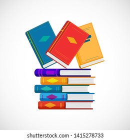 Vector stack of colorful books in cartoon flat style. Education concept. Back to school template. Pile of books background for banners, print, flyers, school sale, library, offer.