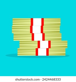 Vector stack of dollar bills. Money neatly wrapped on a blue background. Concept of wealth, finance, success and investment design.