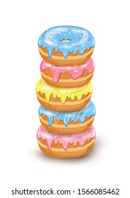 Vector stack of Donut isometric icons with blue, pink, yellow glaze and sugar decorative icing on white background. Cartoon flat hand drawn tower of dessert for sweet shop, Donut Day poster.    