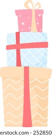 Vector stack of gifts with ribbon and bow, isolated on white background. Surprise gift, loyalty reward program, birthday gifts, New Year's gift under the tree.