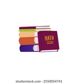 Vetor com uma pilha de livros educacionais de capa dura, incluindo livros didáticos de matemática, dicionários e literatura. Ideal para decorar bibliotecas, livrarias ou escolas.