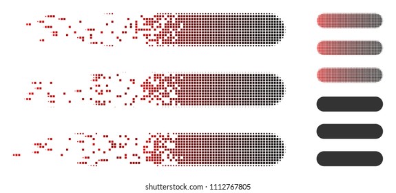 Vector stack icon in dispersed, dotted halftone and undamaged entire variants. Disappearing effect uses rectangle particles and horizontal gradient from red to black.
