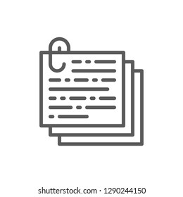 Vector stack of notes, documents with paperclip, recipe, text line icon. Symbol and sign illustration design. Isolated on white background