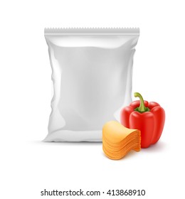 Vector Stack of Potato Crispy Chips with Paprika and Vertical Sealed Empty Plastic Foil Bag for Package Design Close up Isolated on White Background