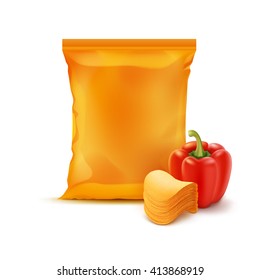 Vector Stack Of Potato Crispy Chips With Paprika And Vertical Sealed Empty Orange Plastic Foil Bag For Package Design Close Up Isolated On White Background