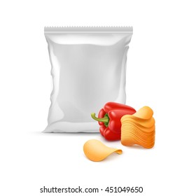Vector Stack of Potato Crispy Chips with Paprika and Vertical Sealed Empty Plastic Foil Bag for Package Design Close up Isolated on White Background
