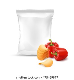 Vector Stack of Potato Crispy Chips with Paprika and Vertical Sealed Empty Plastic Foil Bag for Package Design Close up Isolated on White Background