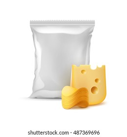 Vector Stack of Potato Crispy Chips with Cheese and Vertical Sealed Empty Plastic Foil Bag for Package Design Close up Isolated on White Background