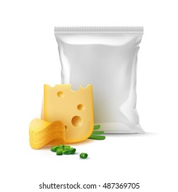 Vector Stack of Potato Crispy Chips with Cheese Onion and Vertical Sealed Empty Plastic Foil Bag for Package Design Close up Isolated on White Background