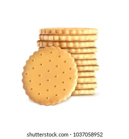 Vector stack of round biscuit cookies. Template, mockup for tasty crackers isolated on white background. Healthy sweets, dessert, whole wheat biscuit in realistic style.
