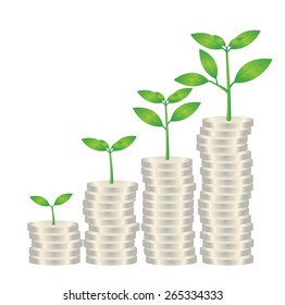 Vector of Stack of silver coin and small plant concept growth
