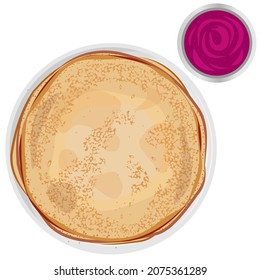 Vector stack of thin pancakes in white plate and bowl with berry jam isolated on white background.