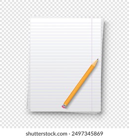Vector stack of white lined paper sheet. Realistic notebook pages with lines. Clean ruled school notebook pages with shadow and pencil on transparent background.