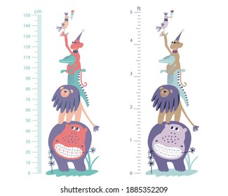 Vector stadiometer for kids Meter wall or height chart centimeter and foot, set of vector illustration, pastel colors, funny african animals isolated on white background