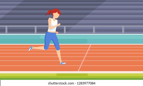 Vector stadium location. Tribunes and running track. Character woman running.