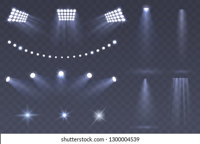 Vector Stadium spotlights. Scene spotlights set isolated on transparent background. Bright illumination. light sources for your design. Glowing stars. Eps 10.