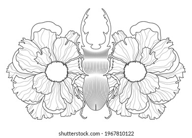 Vektorkäfer-Illustration mit Blumen. 