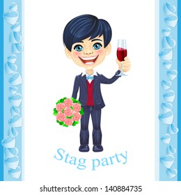 Vector stag party invitation with elegant bridegroom holding a glass of wine in one hand and a bouquet of roses in the other hand