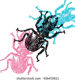Vector stag-beetles in abstract composition. Linocut stag-beetles in different colors on white background