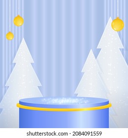 Vector stage blue Christmas neon background with geometric round platform, hang balls and creative tree for design show product