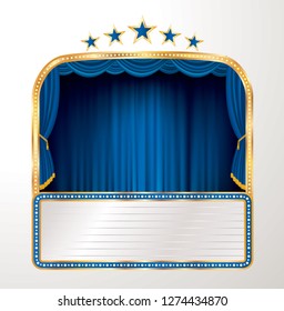 vector stage with blue curtain, five stars and blank billboard - Vector illustration