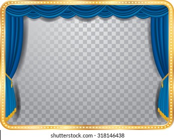 vector stage with blue curtain, golden frame, bulb lamps and transparent shadow