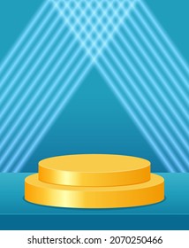 Vector stage blue neon background with geometric yellow round platform for design show product