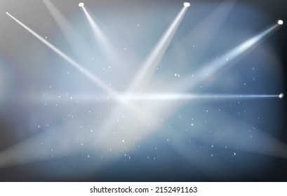 Vector stage with blue spotlight set and smoke. Blue stage lights. Vector illustration for your graphic design.