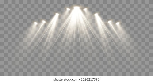 Efeitos de iluminação de palco vetor - Conjunto de holofotes de concerto com feixes brilhantes, fontes de luz realistas para projetos de eventos, cartazes de festa, banners da Web e uso transparente de fundo