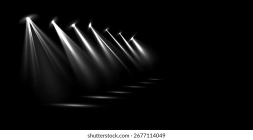Efeitos de iluminação de palco de vetor Conjunto de holofotes de concerto com feixes brilhantes, fontes de luz reais para projetos de eventos, cartazes de festa, banners da Web e fundo transparente