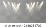 Vector stage lights, concert spotlight beams, glowing projector set. Bright illuminated lighting design for web, show, and performance background illustration.