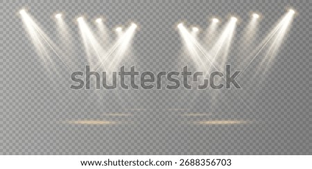 Vector stage lights, concert spotlight beams, glowing projector set. Bright illuminated lighting design for web, show, and performance background illustration.