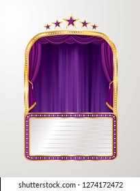 estágio vetorial com cortina roxa, cinco estrelas e outdoor em branco - ilustração vetorial