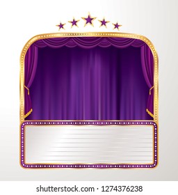vector stage with purple curtain, five stars and blank billboard - Vector illustration