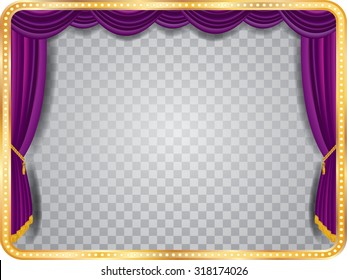 vector stage with purple curtain, golden frame, bulb lamps and transparent shadow