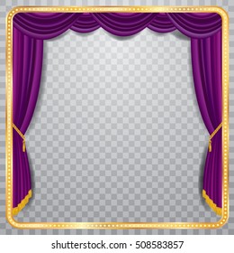 vector stage with purple curtain, golden frame and transparent shadow, blank background, layered and fully editable