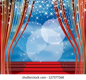 vector stage with red carpet on stairs and cloudy sky in background