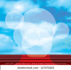 vector stage with red carpet on stairs and cloudy sky with spotlights